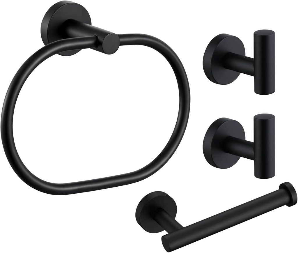 Bathroom Hardware Set 4-Piece Matte Black, Angle Simple Stainless Steel Bathroom Accessories with Towel Hook X 2, Toilet Paper Holder and Rotary Towel Ring, Wall Mount