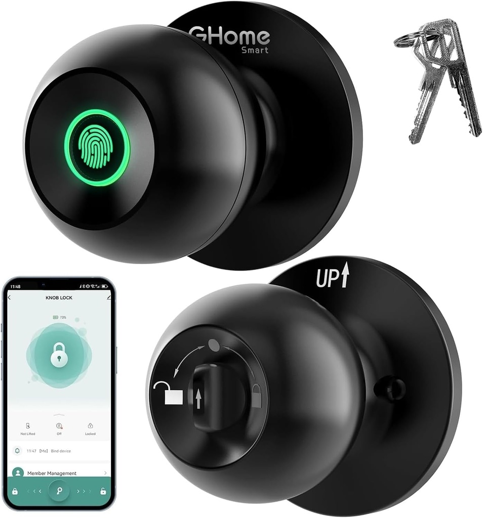 GHome Smart Fingerprint Door Lock, 3 in 1 Smart Fingerprint Door Knob with App Control & Key, Auto Lock, Biometric Thumbprint Door Locks for Bedroom, Garage, Home & Office