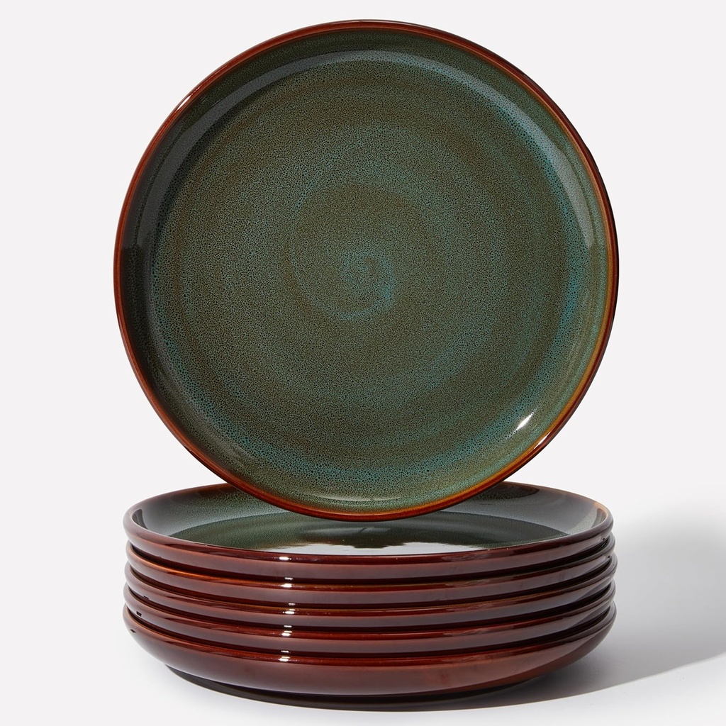 Stoneware Dinner Plates Set of 6, Ceramic Plates With Lipped Edges, Microwave/Dishwasher Safe, Modern Rustic Dinnerware, Kitchen Reactive Glaze Serving Dishes, Brown Green