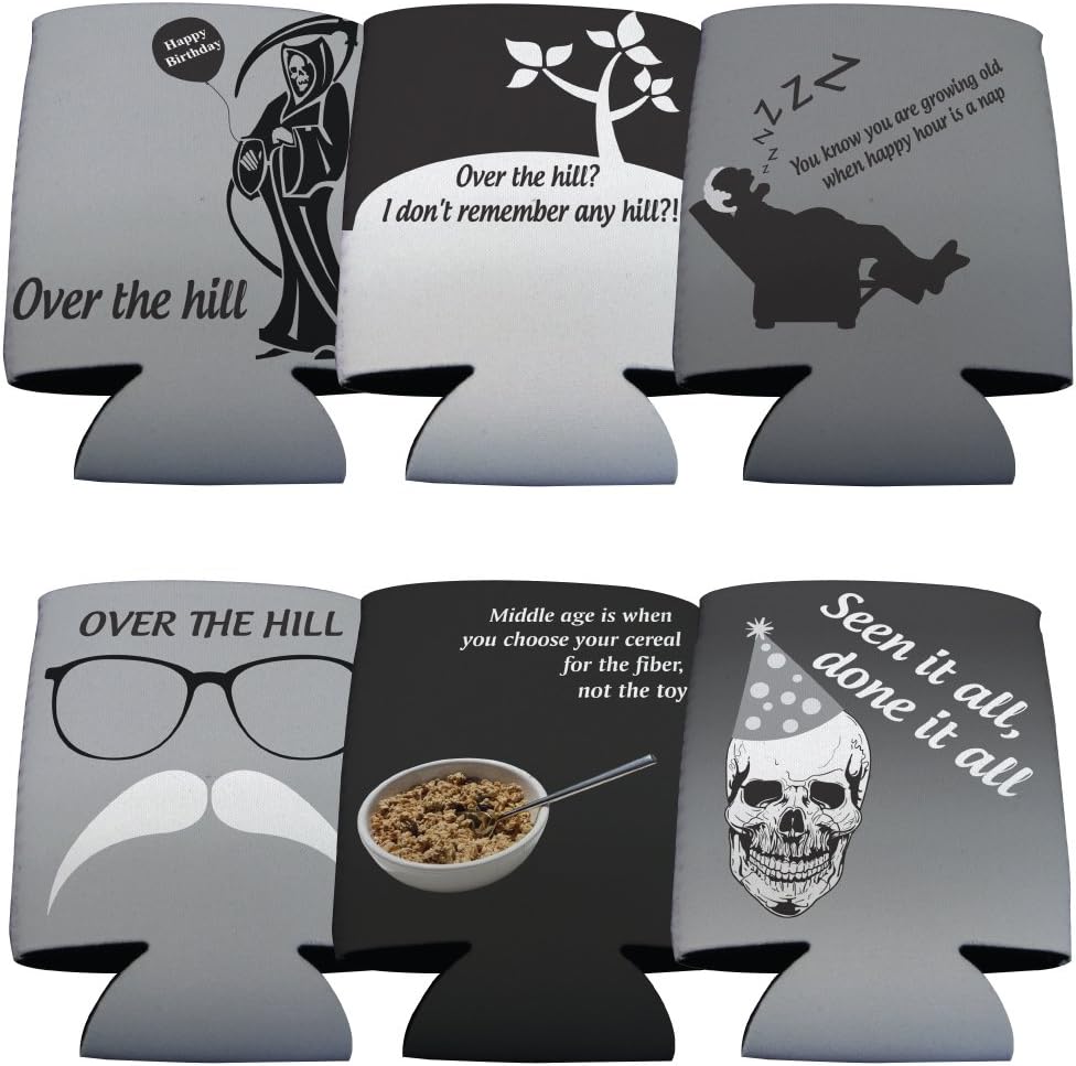 VictoryStore Can and Beverage Coolers - Birthday Party Over the Hill, Set of 6 Different Designs