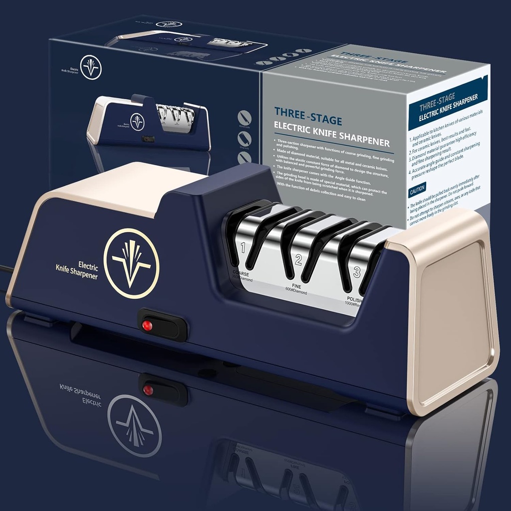 Professional Electric Knife Sharpener with 100% Diamond Abrasives and Precision Angle Guides for Kitchen Straight Edge&Ceramic Knife Work Sharp, 3-stage Champagne Gold, afilador de cuchillos