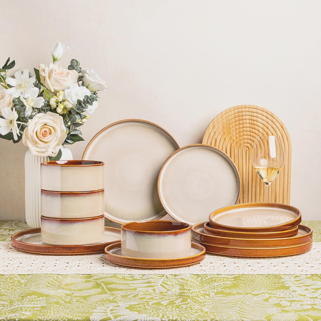 LERATIO Ceramic Dinnerware Sets for 4,Round Reactive Glaze Ceramic Plates and Bowls Set,Highly Chip and Crack Resistant | Dishwasher & Microwave Safe Dishes Set,Service for 4 (12pc)-Kahki