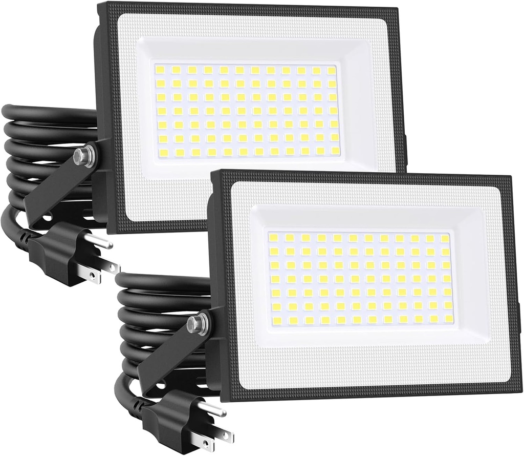 Onforu 80W Flood Lights Outdoor, 8000lm Bright LED Work Light with Plug, 6500K Daylight White LED Flood Lighting, IP66 Waterproof Security Yard Lights for Garage Stadium 2 Pack