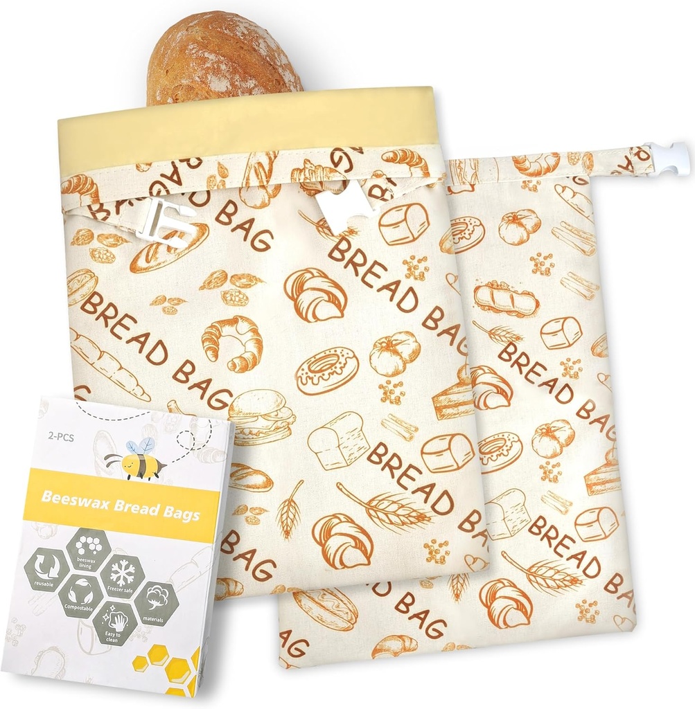 Reusable Beeswax Bread Bags for Sourdough -2 Pack Extra Large Natural Beeswax Cotton Bags to Keep Homemade Bread Sourdough Fresh, Freezer Safe Beeswax Storage Bag