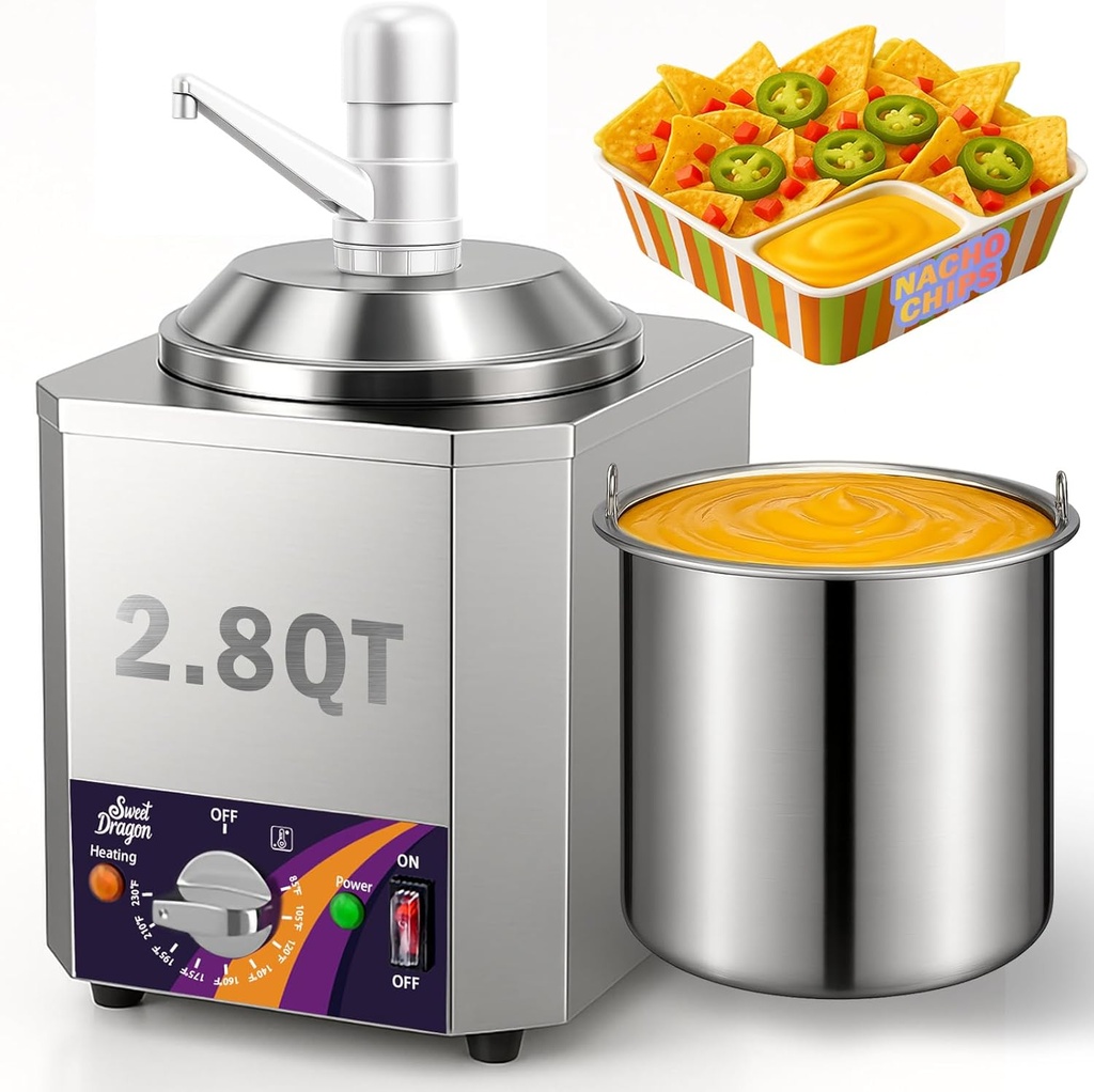 Nacho Cheese Dispenser, 2.8Qt Nacho Cheese Dip Warmer with Pump, Hot Fudge Warmer with 9-Level Temperature Adjustment, Commercial Sauce Dispenser Machine for Queso para Nachos, Caramel Syrup Pumps