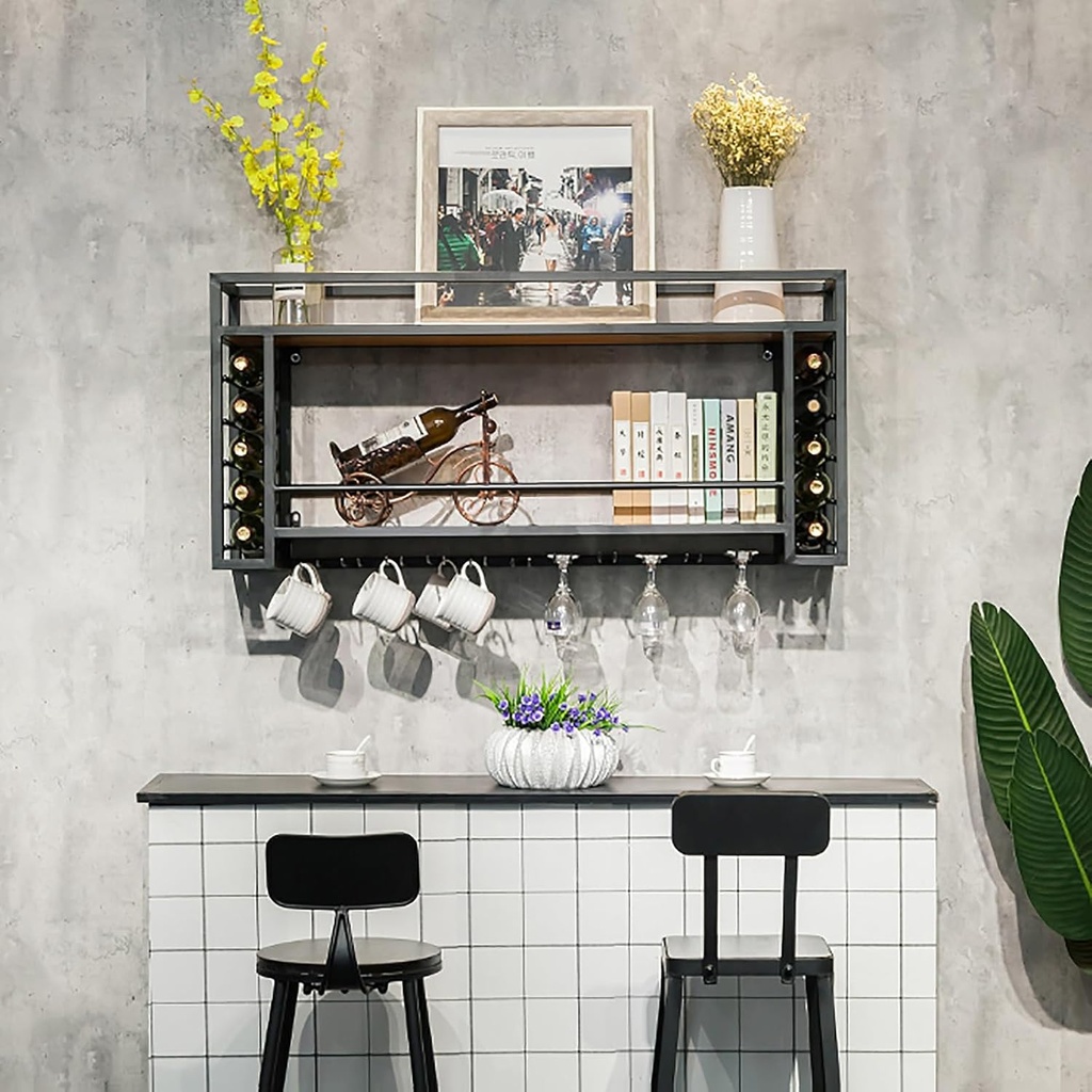 Wall Mounted Wine Rack with Wine Glass Holder,Iron Wine Bottle Display Rack,Bar Unit Floating Shelves,Multifunctional Metal Bottle Holder,Wall Shelf for Kitchen,for Wine Cellar,Living Room(S