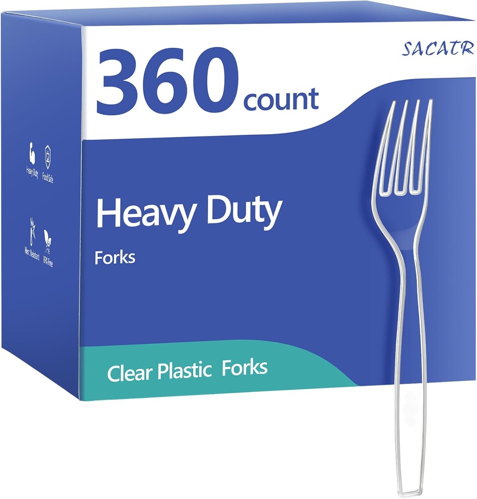 SACATR 360 Count Plastic Forks Heavy Duty, Plastic Silverware Clear Forks, Premium Disposable Forks Bulk, BPA-Free, Heat Resistant, Suitable for Parties, Events and Everyday Use