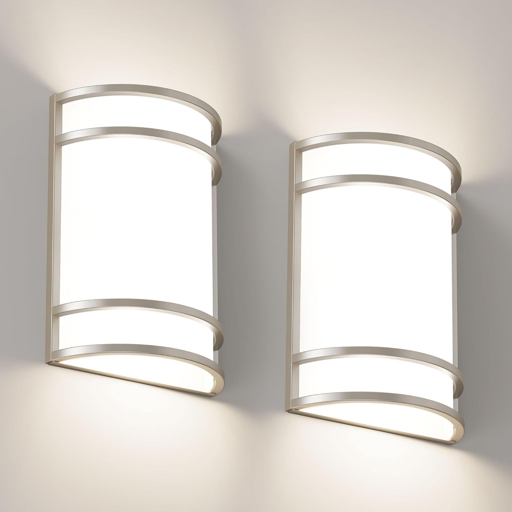 LED Indoor Wall Mount Light Fixture, Brushed Nickel Wall Sconce Lighting, 3000K 4000K 5000K Adjustable, Half Cylinder Hallway Light Fixture for Living Room Cabinet Bedroom Porch 2 Pack