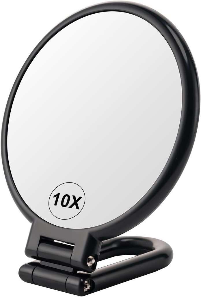 BOOMIBOO 1X/10X Magnifying Handheld Mirror Double Sided, Foldable Travel Makeup Mirror, Adjustable Rotation Pedestal Hand/Hanging/Desk Vanity Mirror-Black