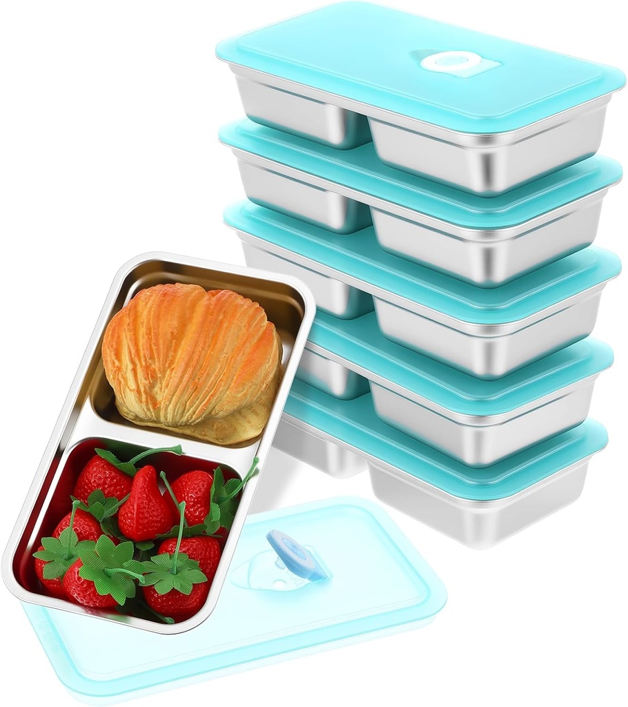 6 Pcs 304 Stainless Steel Bento Boxes Containers Reusable Stainless Steel Double Compartment Snack Containers with Lids, Reusable Condiment Container-Dishwasher Safe