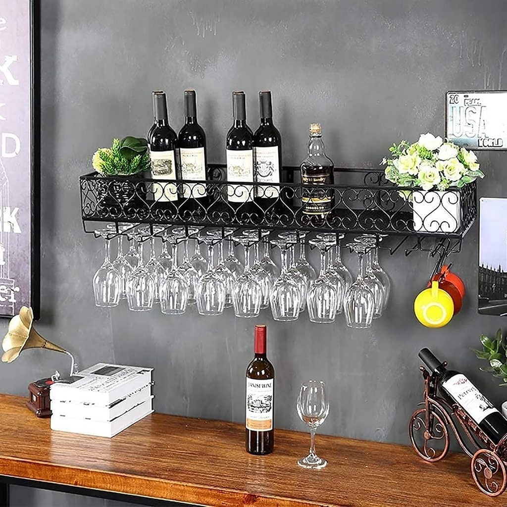Bottles Wine Rack and Glass Holder Wrought Iron Wall Mounted Goblet Holder Large-Capacity Suitable for Home Wine Cellar Bar Wine Show (Color : A Size : 12025cm)