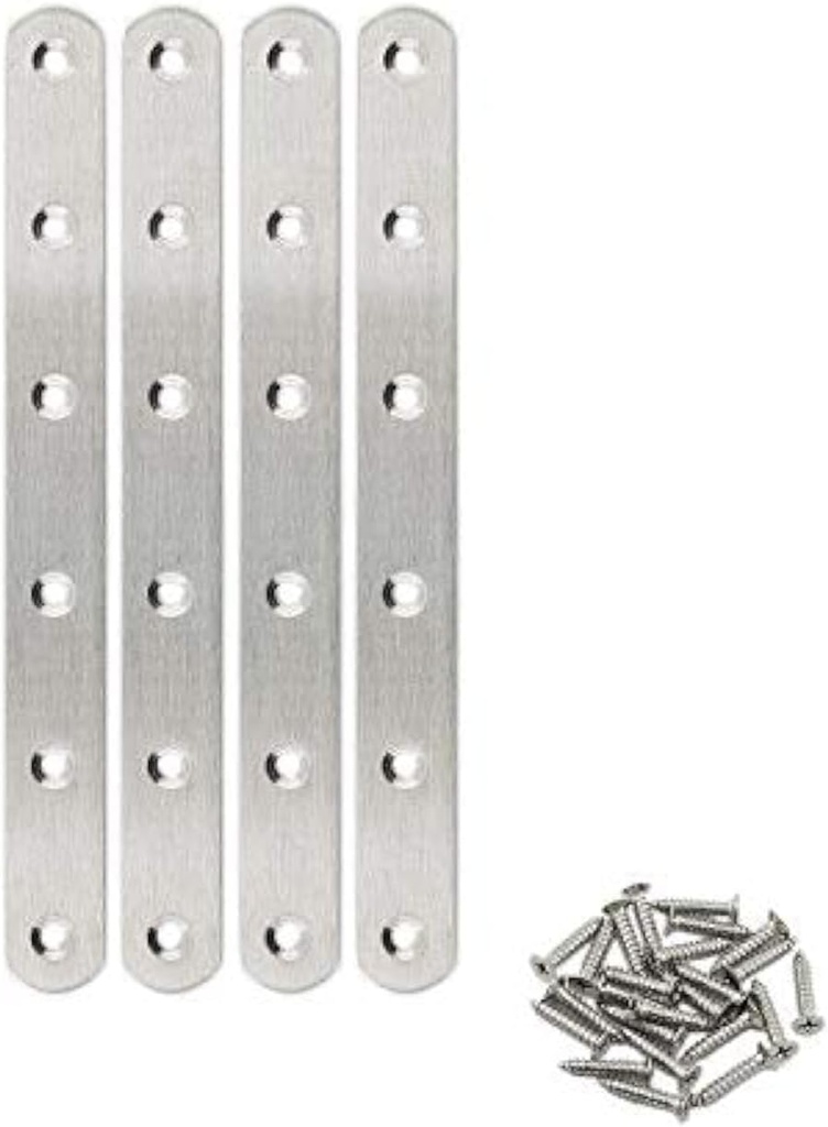 4 Pack Flat Mending Plate for Wood,ULIFESTAR Stainless Steel Straight Brackets 200mm / 8" Length 6 Screw Hole Flat Repair Fixing Wood Brace Joining Plates Connector with Fixing Screws