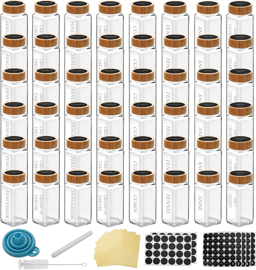 36 Pcs 4 OZ Glass Spice Jars with Bamboo Lids, Glass Jars with Minimalist Farmhouse Spice Labels Stickers, Collapsible Funnel, Seasoning Storage Bottles for Spice Rack, Cabinet, Drawer (36)