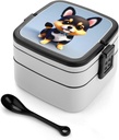 Card Love Fancy Puppy Bento Box with Spoon, 2-layer Stackable Lunch Box Leak Proof with Invisible Handle, Insulated Food Storage for Office, Picnic & Travel