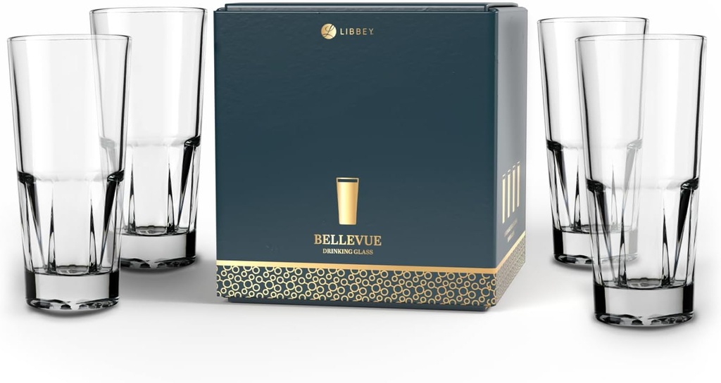 Libbey Bellevue Cocktail Glasses Set, 13.5 Oz, Clear, Stylish Retro Stackable Glass Cups, Modern Glassware Set for Cocktails, Mojito, and More