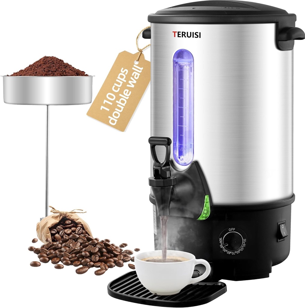 Commercial Coffee Urn, 110 Cup 1300W Hot Water Urn, 16L Large Coffee Maker, Dual Wall Stainless Steel Pot Hot Beverage Dispenser with Filter Basket & Temp Control for Catering, Business, Party