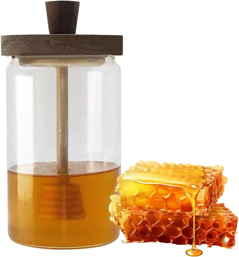 24 oz Glass Honey Jar with Wooden Dipper & Lid - Airtight Honey Pot, Wide Mouth Syrup Dispenser, No Drip Container for Home Kitchen，Clear Honey Container for Home Kitchen