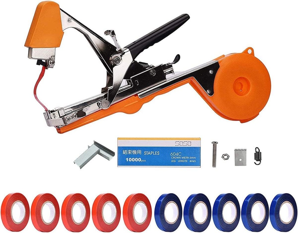 Plant Tying Machine, Gardening Tapetool with 10 Rolls of Tape and 1 Box of Staple for Vegetable, Grape, Tomato, Cucumber, Pepper and Flower (Orange)