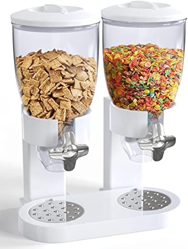 Dual Food Dispenser - Dry Food Dispenser Perfect As A Candy, Nuts, Rice, Granola, Cereal & more Dispenser. Dispenses 1 Ounce Per Twist! Stores Food, and Keeps Your Food fresh (White)