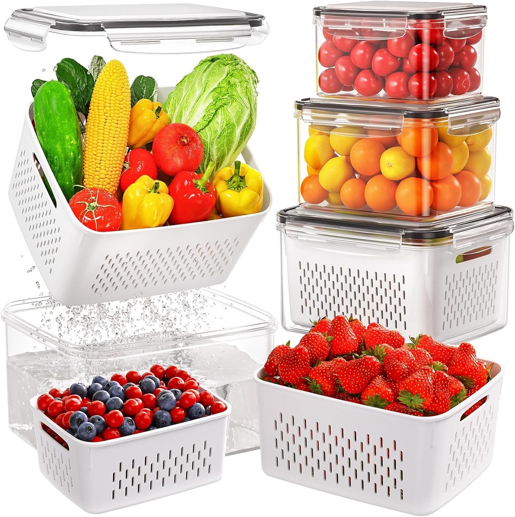 4 PCS Fruit Storage Containers for Fridge, Produce Containers for Fridge with Removable Colander, All-In-One Fruit Washing Bowl with Strainer Microwave/Dishwasher Safe for Salad Berry Lettuce Keeper