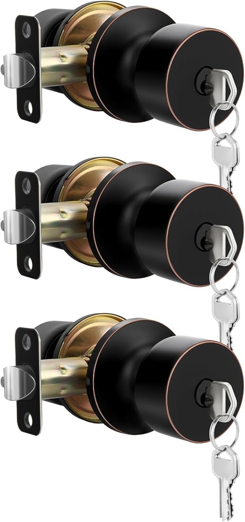 goldenwarm Entry Door Knob Bronze, Oil-Rubbed Bronze Keyed Door Knob, Door Knobs Exterior Bronze Door Knobs with Lock and Key (3 Pack)