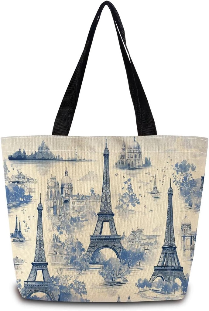 Eiffel Tower Tote Bag Reusable Grocery Bags Aesthetic Shopping Shoulder Handbag with Interior Zipper Pocket Stylish Eiffel Tower Present for Women