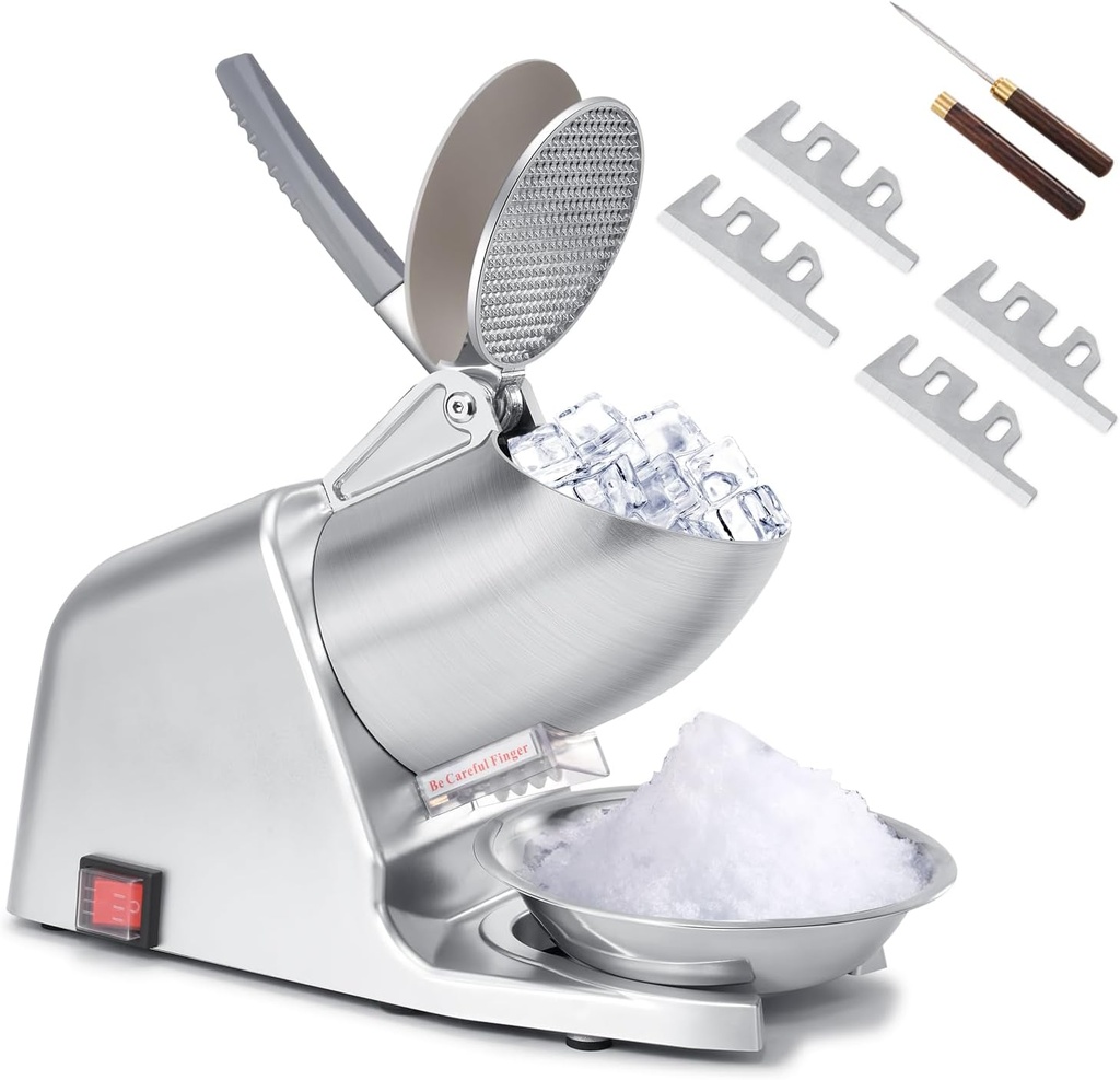 4-Blade Ice Shaver Machine Electric, 210 lbs/hr, 300W Ice Crusher Machine with Extra Blades and Ice Pick for Home and Commercial Use, Shaved Ice Machine, ETL-Listed, Silver