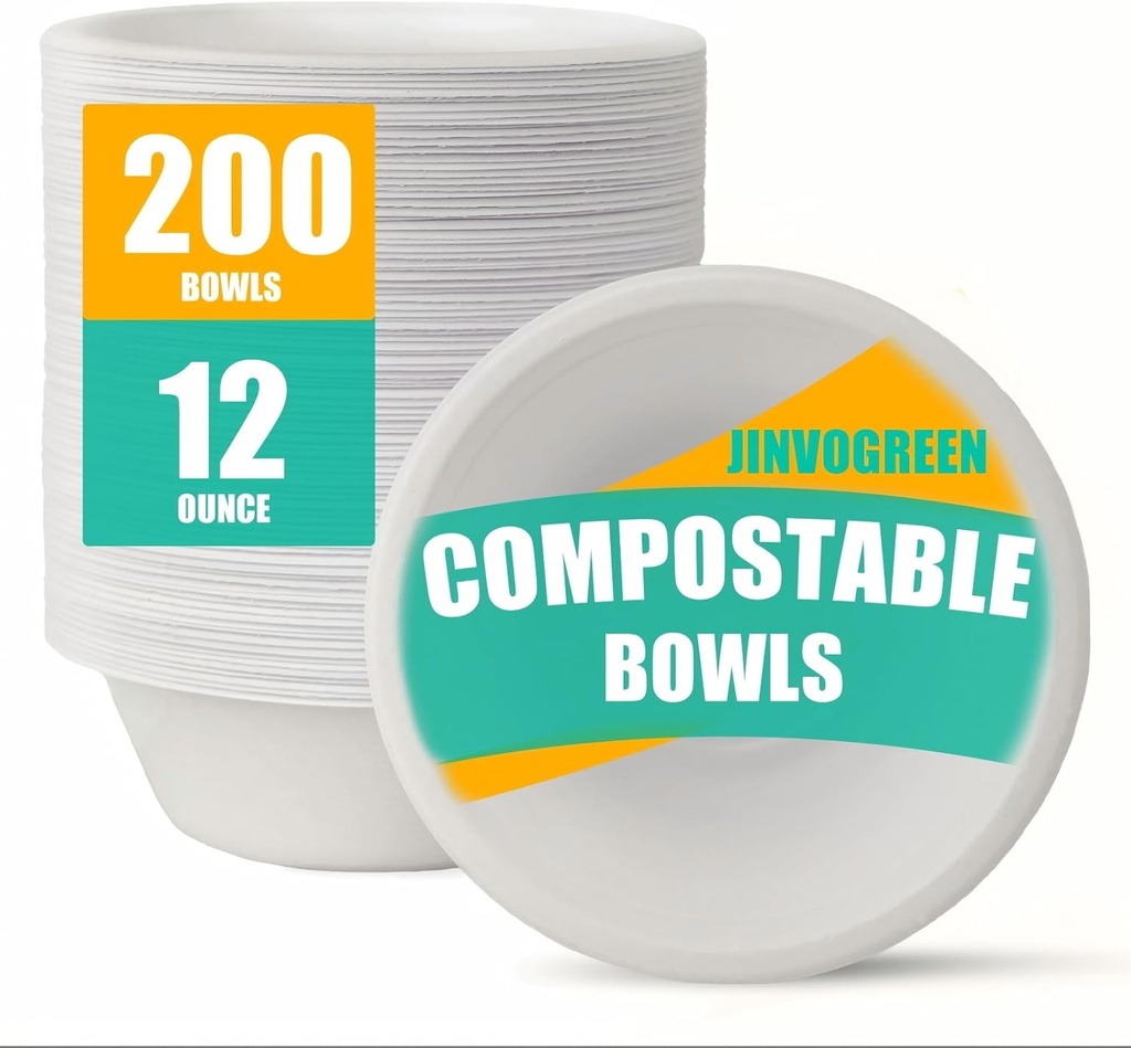 200 Count 12 oz Paper Bowls, Disposable Compostable Bowls Bulk, Heavy Duty Biodegradable Bagasse Bowl for Snacks, Soup, and Salads, White