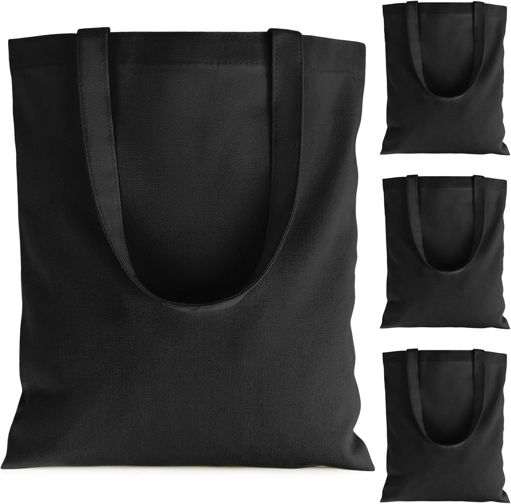 Black Canvas Tote Bag - 4 PCS Cotton Canvas Reusable Grocery Shopping Blank Tote Bag with Handles for Crafts DIY, Gift, Advertising Activity