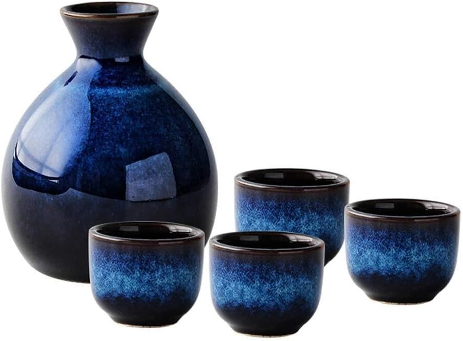 5 Piece Japanese Sake Set, Navy Blue Ceramic Cup Crafts Wine Glasses, Wine Glass Set for Warm/Cold Sake Service, for Home Decor Best Gift for Family and Friends