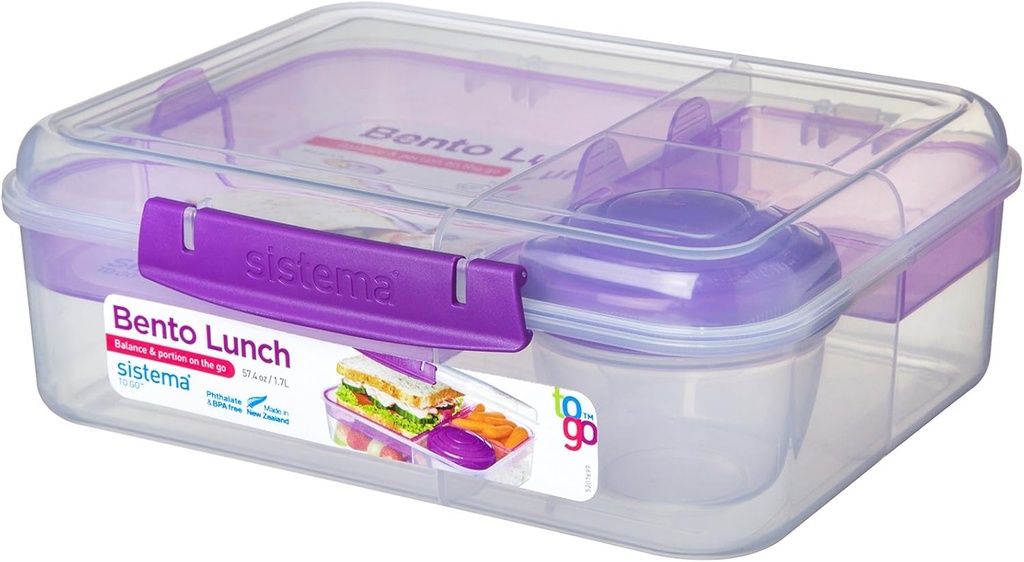Sistema Bento Box Adult Lunch Box with 2 Compartments, Sandwhich Container, and Salad Dressing Container, Dishwasher Safe, Color May Vary