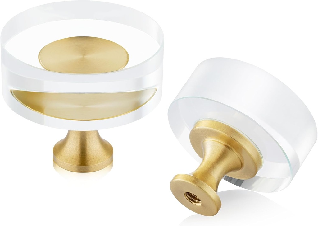 QOGRISUN 10-Pack Brass Crystal Cabinet Knobs,Glass Crystal Gold Drawer Knobs,1-1/4-Inch Round, Decorative Dresser Pulls, Modern Cabinet Hardware