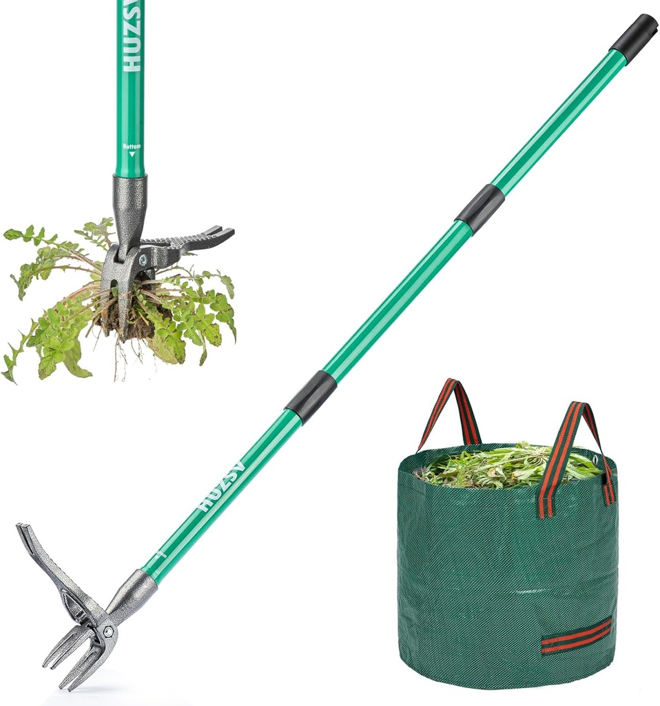 Weed Puller Tool Gardening Hand Weeding Tool with Long Handle 4 Steel Claws and Collapsible Trash Can for Lawn and Garden,Easily Remove Weeds Without Bending, Pulling,or Kneeling