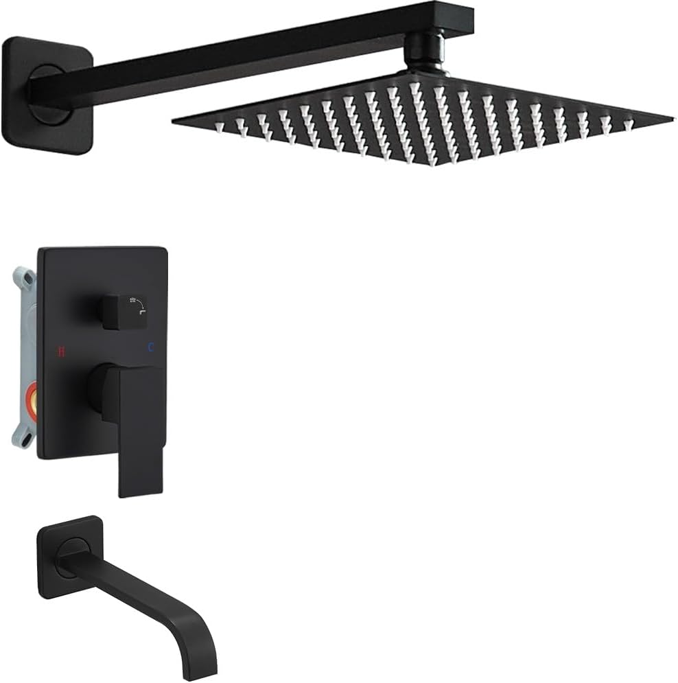 Matte Black Shower Faucet Set with Tub Spout Bathroom Luxury Rain Mixer Shower Head System Wall Mounted Shower Faucet Complete, Single Handle Tub and Shower Trim Kit with Rough-in Valve