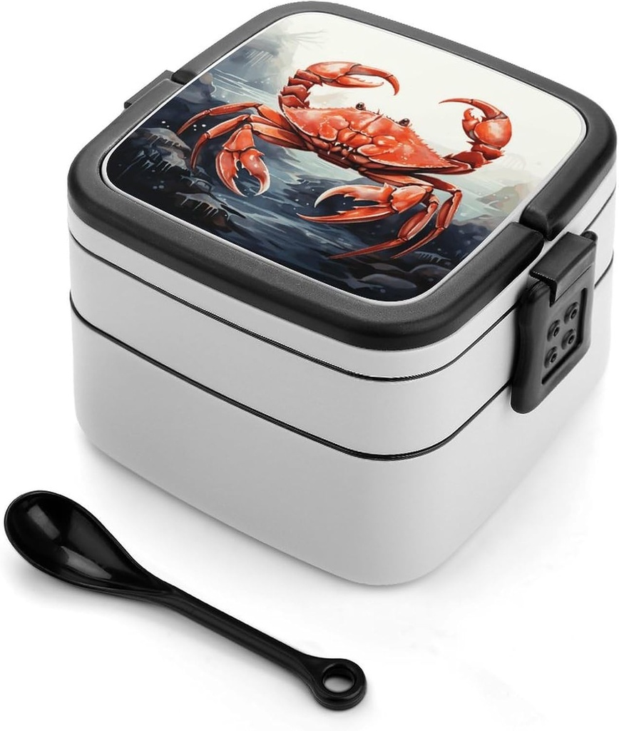 Adult Double-Layer Bento Box Red Crab Sea Portable Lunch Box with Spoon And Invisible Handle Leakproof Microwave-Safe Food Container for Work Travel Camping