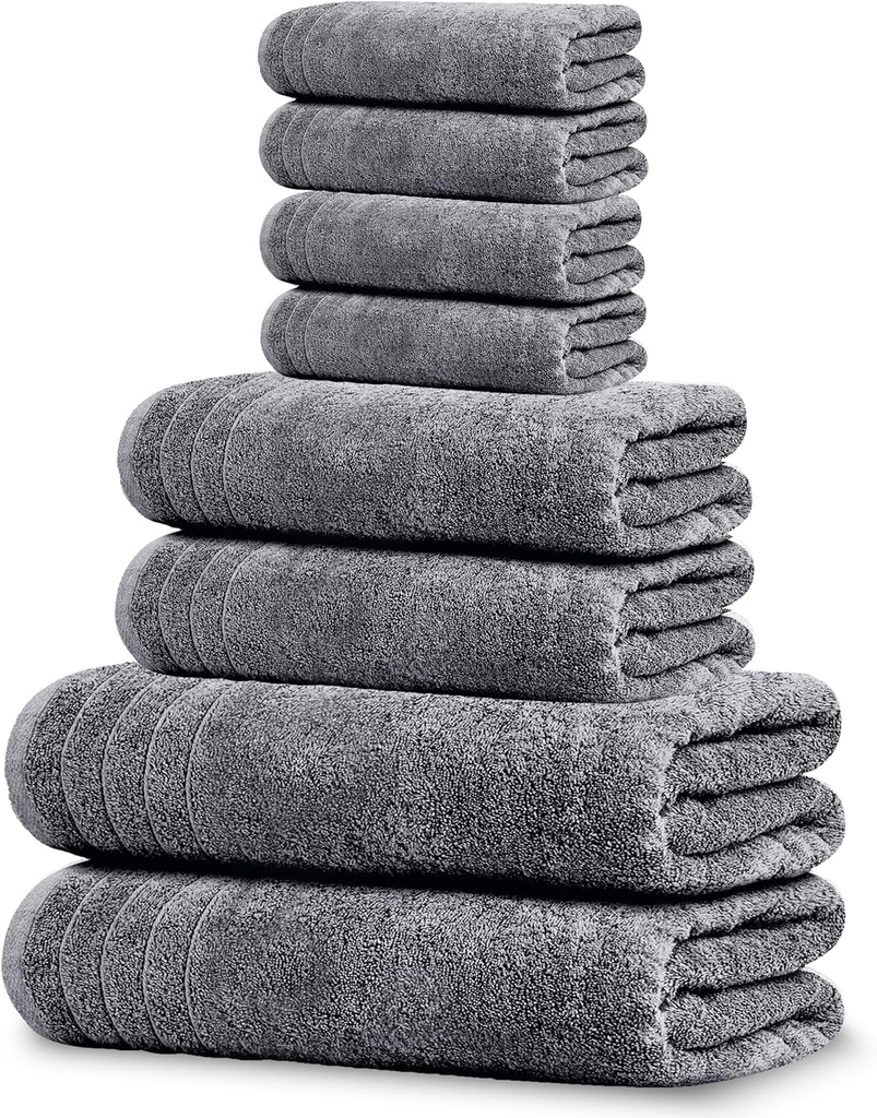 Tens Towels Pack of 8 Towels Set, 2 Extra Large Bath, 2 Hand, 4 Washcloths, 100% Cotton, Lighter Weight, Quicker to Dry, Super Absorbent, Perfect for Bathroom, Dark Grey