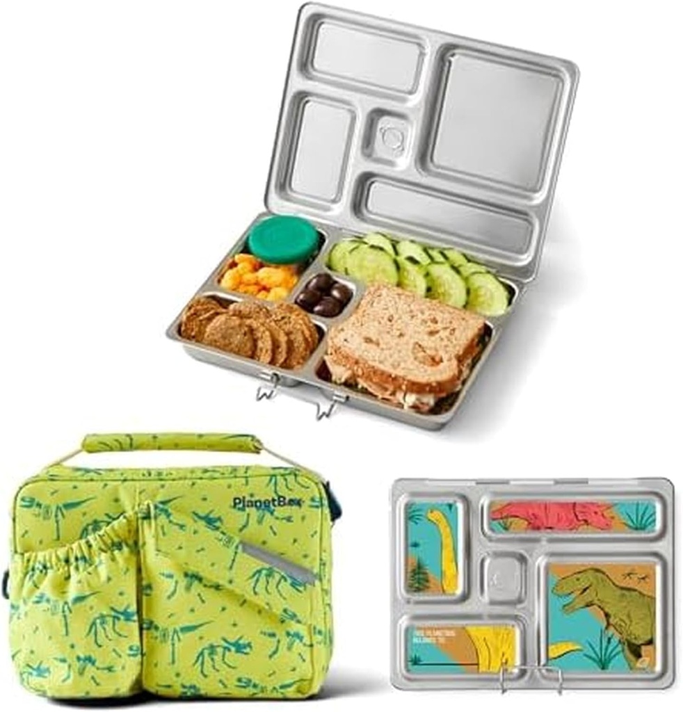 PlanetBox Rover Stainless Steel Bento Box Style Lunch Box Kit for Kids with 5 Compartments, Dino Dig Edition includes Insulated Lunch Bag, Leakproof Food Containers and Matching Jurassic Magnets