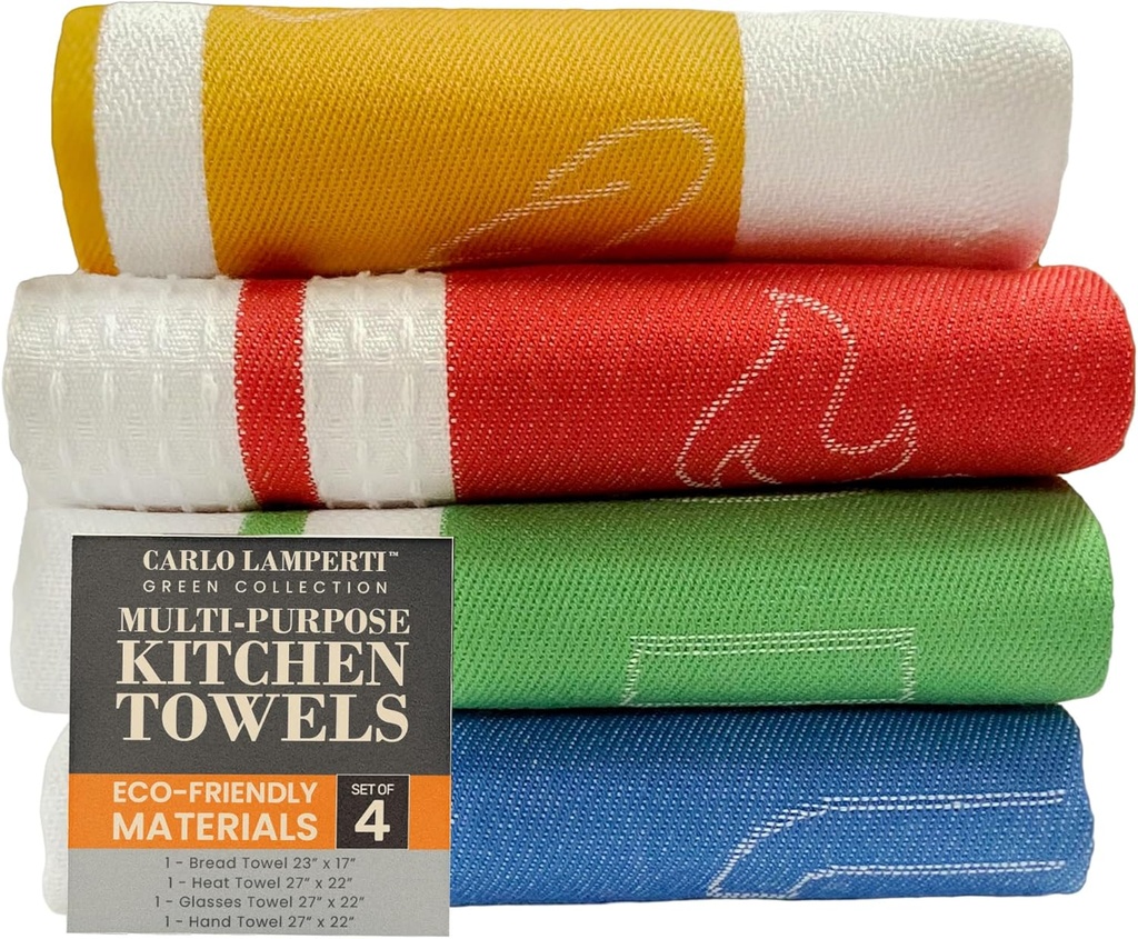 Premium Multi-Purpose Terry-Tea Kitchen Towels by Carlo Lamperti Italy (27x22 Heat/Hand/Glasses) & (23x17 Bread) Towels 4 Pack - Absorbent Machine Washable Recycled Cotton Poly Durable w/Hanging Loop