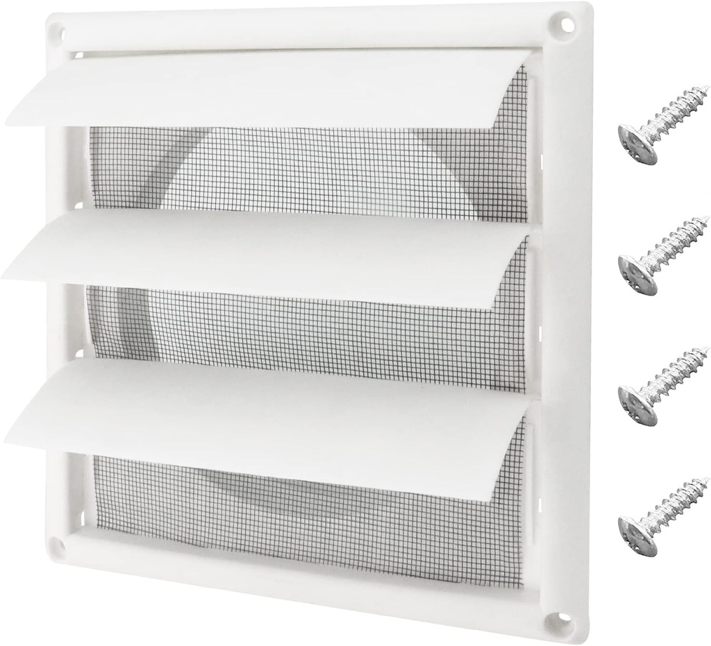 Blutoget 6" Louvered exhaust Vent Cover 8" x 8" Oversize dryer outlet cover for Exterior Wall Vent Hood Outlet Airflow - 6 Inch Vent Cover Exterior with 4 Vent Screen Screw (White)
