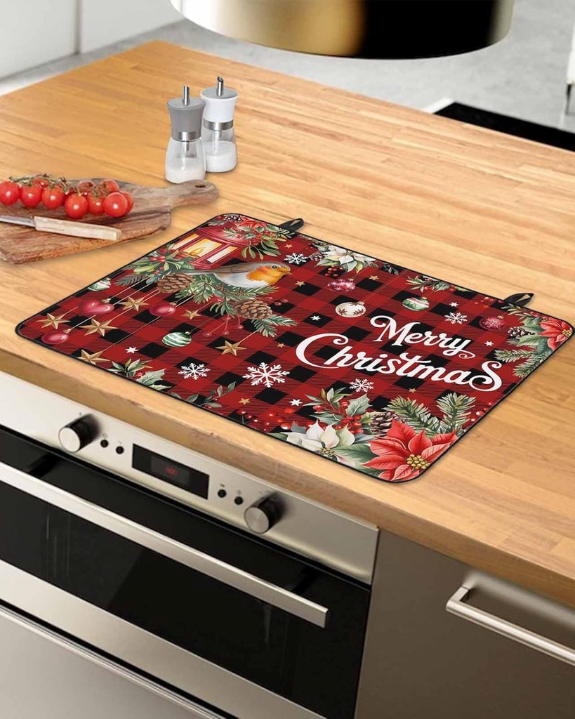 Christmas Countertop Burners Protection Mats for Kitchen, One Red Flower Christmas Ball Bird Red Check Rubber Stove Top Cover Mat, Heat Proof Mats Cooktop Cover for Counter Dish Drying Mat, 31"x24"