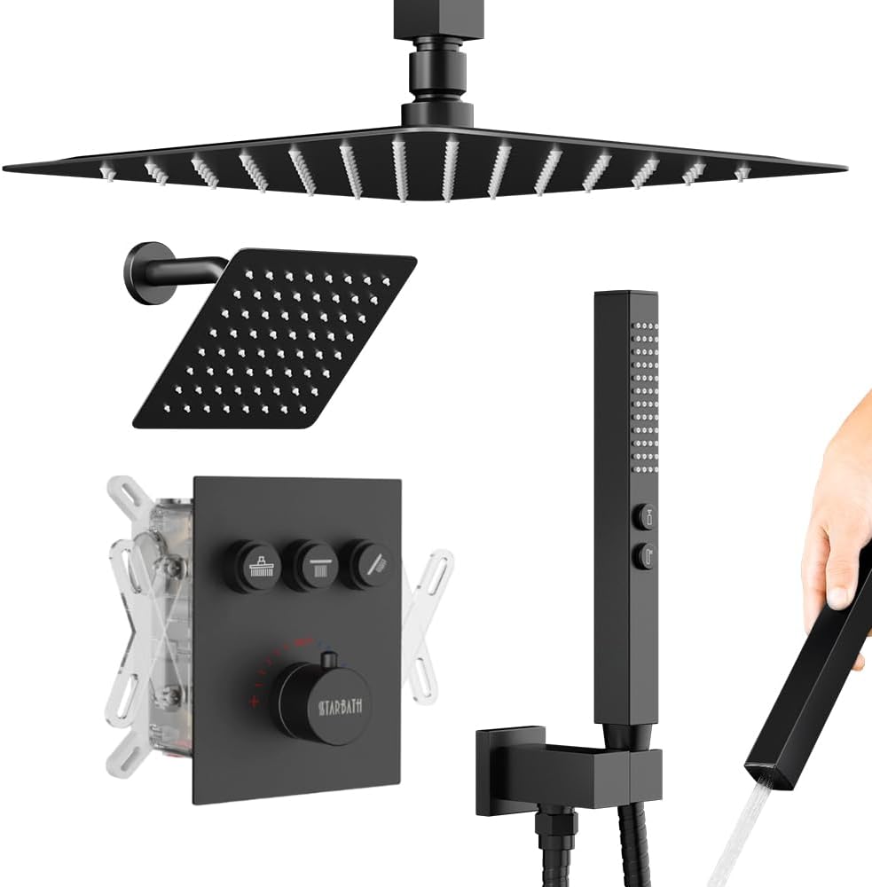 Shower Faucet Set Matte Black Shower System,10" Ceiling Rainfall Shower and 6" Wall Mount Rain Shower with 2 in 1 Handhled, Can Use All at Once, Thermostatic Shower Set with Valve and Trim Kit