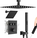 Shower Faucet Set Matte Black Shower System,10" Ceiling Rainfall Shower and 6" Wall Mount Rain Shower with 2 in 1 Handhled, Can Use All at Once, Thermostatic Shower Set with Valve and Trim Kit