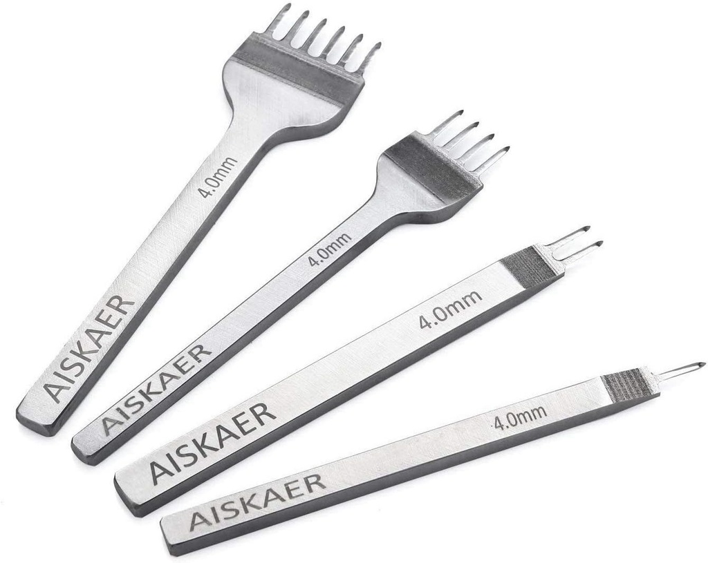 Aiskaer Leather Stitching Punch Set, Diamond Chisel Tools, 4mm White Steel 1/2/4/6 Prong for Leather Craft DIY