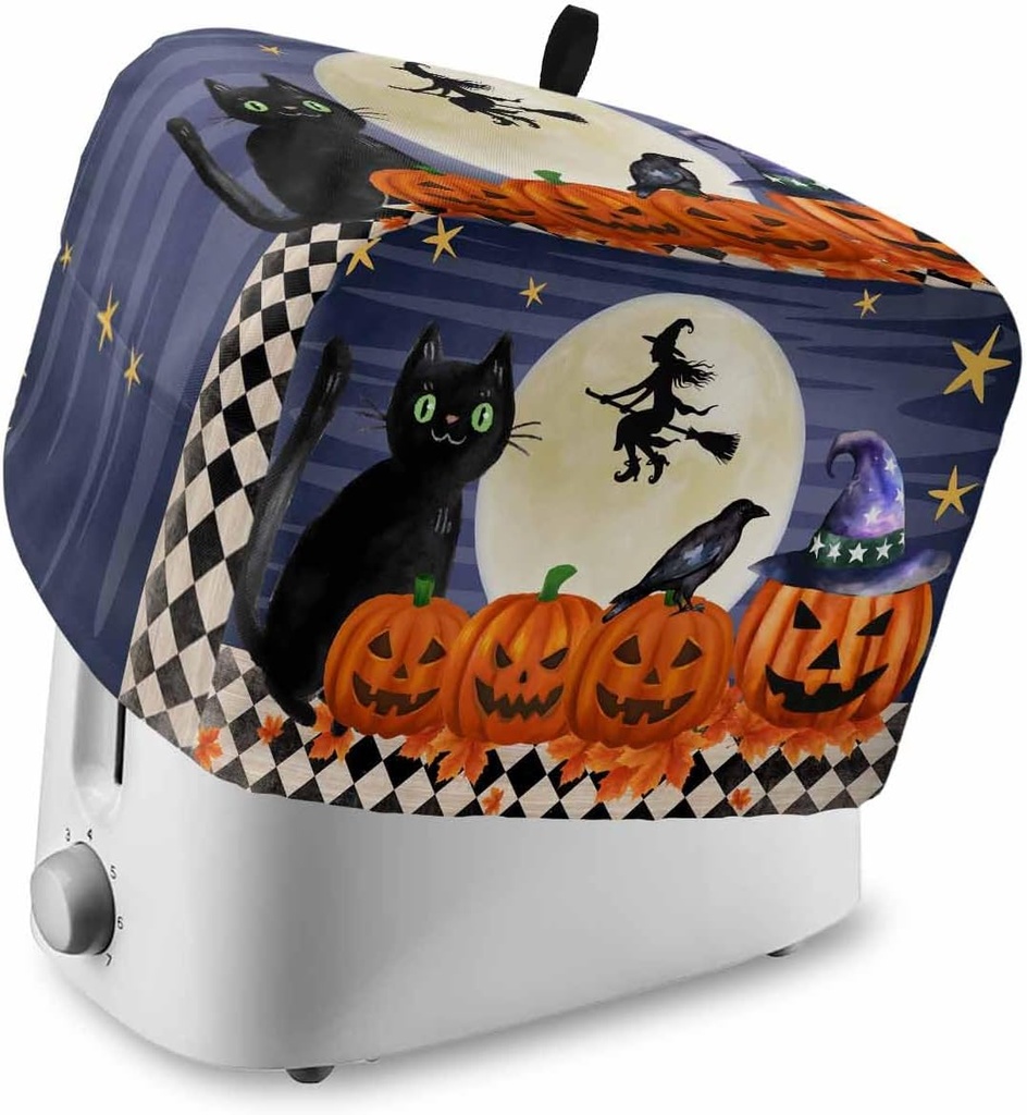 Halloween Toaster Cover Witch Riding a Broom 4 Slice Toaster Oven Covers for Kitchen, Black Cat Pumpkin Dust Cover for Small Appliance Cover and Fingerprint Protection, Bread Machine Cover