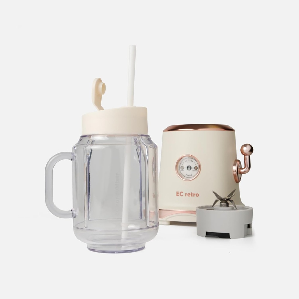 ECretro Retro Smoothie Blenders Countertop Juicer Maker with 20oz BPA Free Travel Cup and Lid, 300W 2-Speed for Shakes and Ice Crush (Beige Light Yellow)