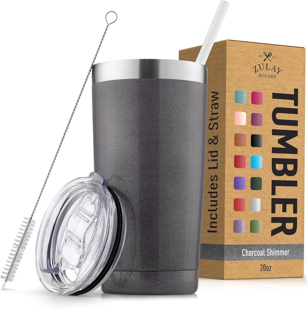 Zulay 20oz Stainless Steel Tumbler With Lid and Straw - Sweat-Free Travel Coffee Mug Tumbler Cups - Double Walled Insulated Travel Mug For Hot and Cold Drinks (Charcoal Shimmer)