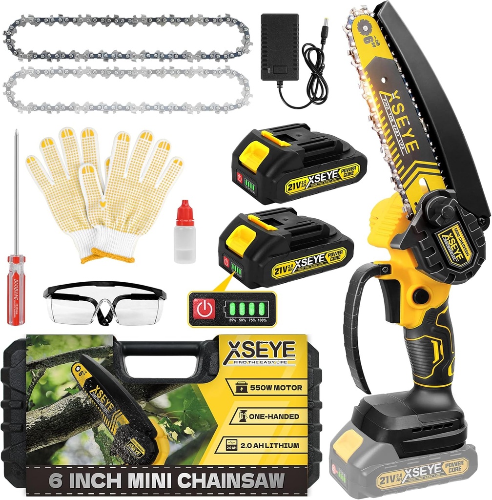XSEYE Mini Chainsaw Cordless 6", Battery Powered Electric Handheld Chain Saw with Battery & Charger, for Wood Cutter Branch Tree Trimming Gardening Tool, Husband Birthday Gifts for Men Dad Christmas