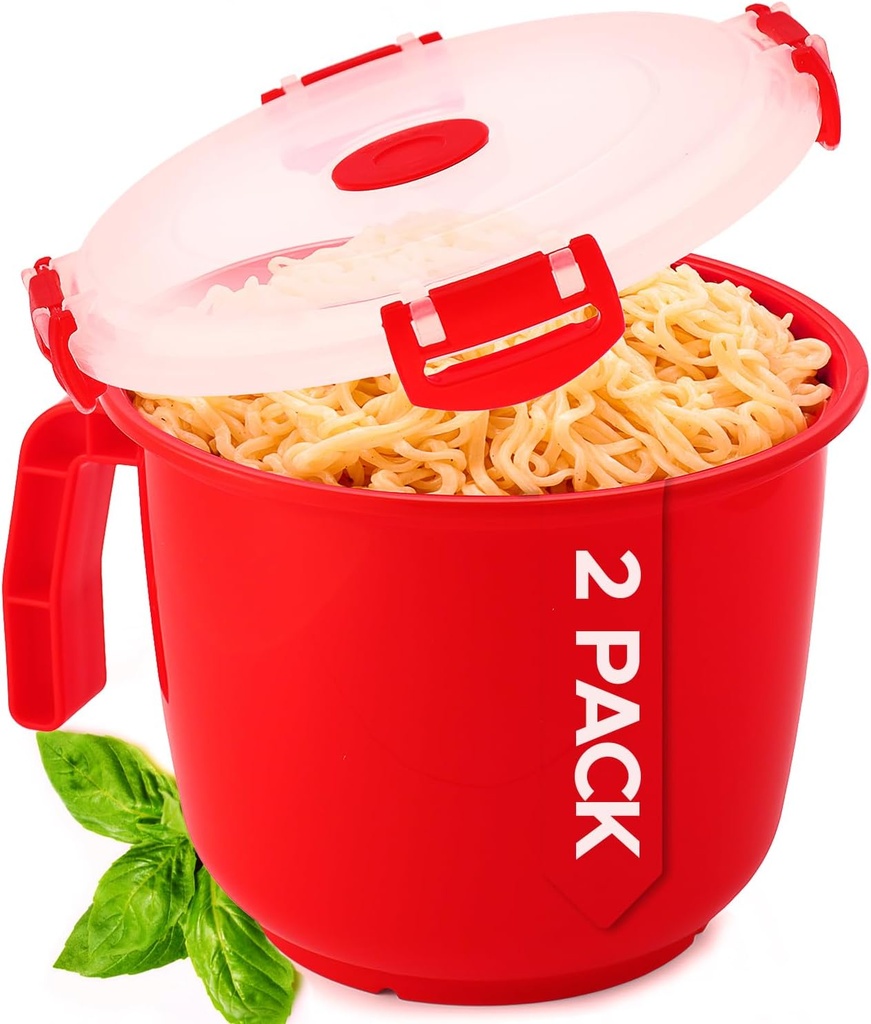 Tafura Microwave Bowl with Lid – 34oz Microwave Safe Soup Bowls with Lids, Ramen Noodle Bowl with Handle, Leakproof Plastic Bowls Microwave Safe, BPA-Free Soup Mugs for Travel – 2 Count