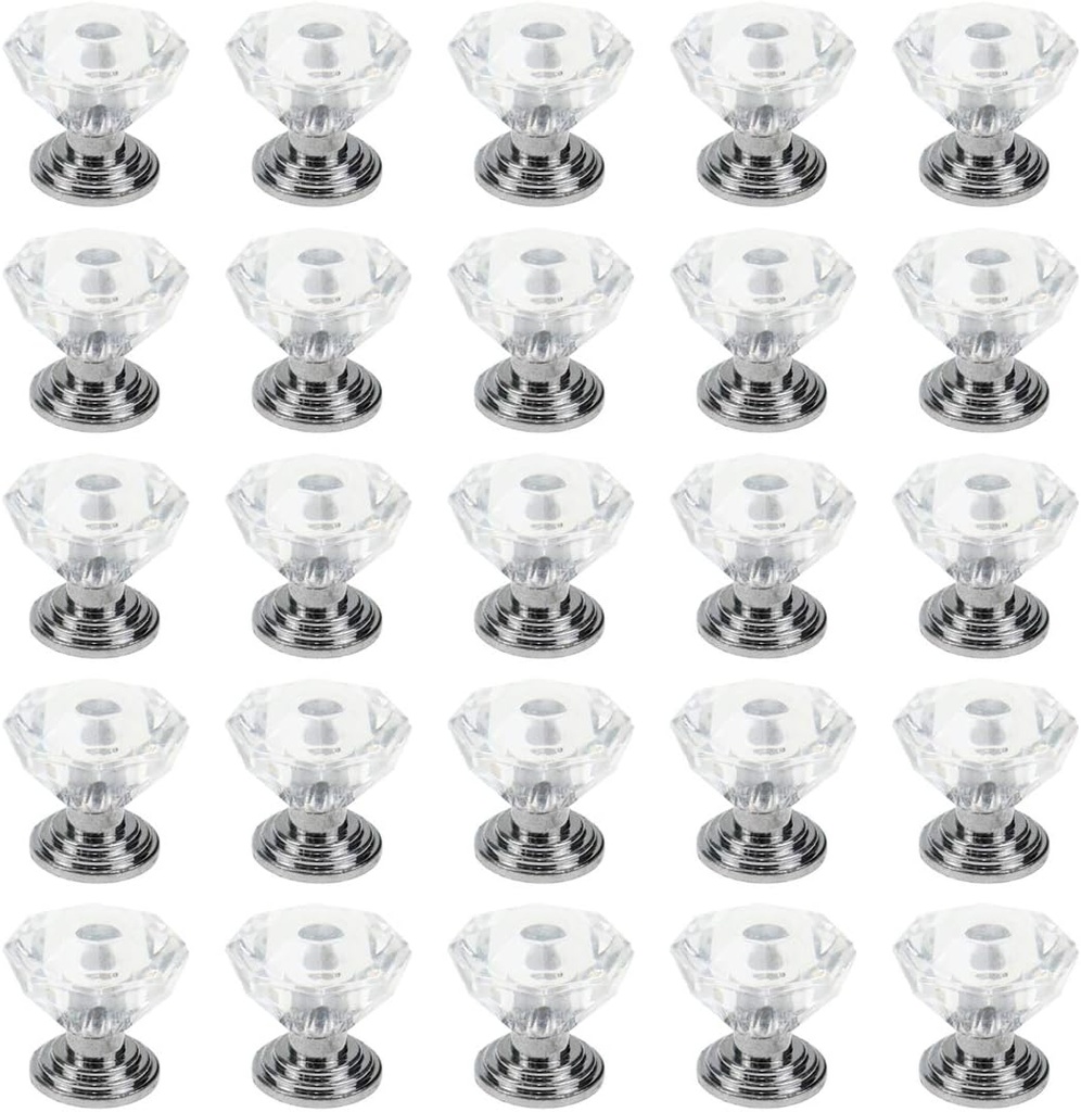 25pcs 3/4-Inch Diameter Acrylic Crystal Small-Size Cabinet Knobs Drawer Pulls Dresser Handle Decorative Clear Cupboard Puller with Screws for Kitchen, Bathroom, Bedroom Silver