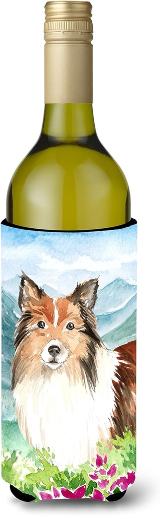 Caroline's Treasures CK2522LITERK Mountain Flowers Sheltie Wine Bottle Hugger Bottle Cooler Sleeve Hugger Machine Washable Collapsible Insulator Beverage Insulated Holder
